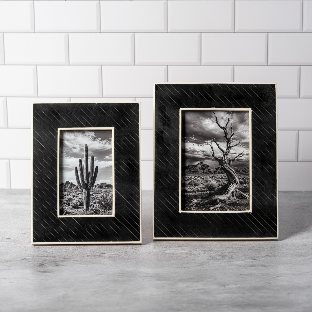 Black bone inlay phot frames with Arizona desert pictures.